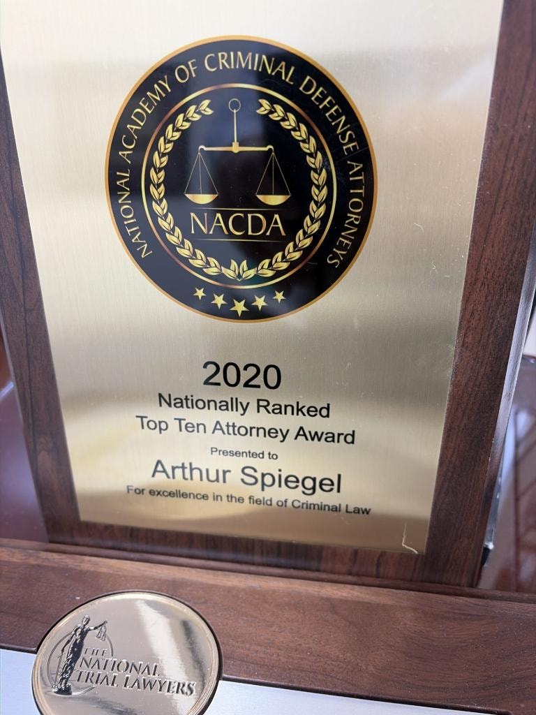 NACDA National Academy of Criminal Defense Attorneys — 2020 Nationally Ranked Top Ten Attorney Award presented to Arthur Spiegel