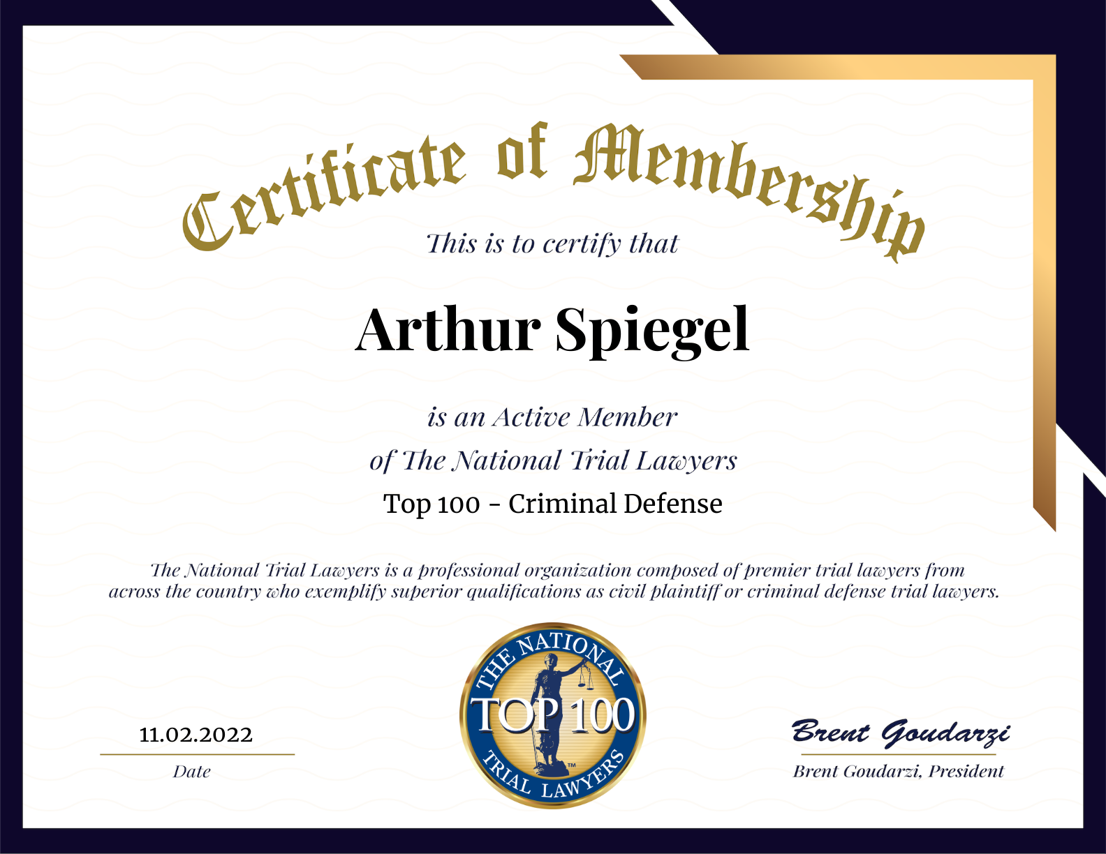 National Trial Lawyers Top 100 — Criminal Defense Certificate, Arthur Spiegel